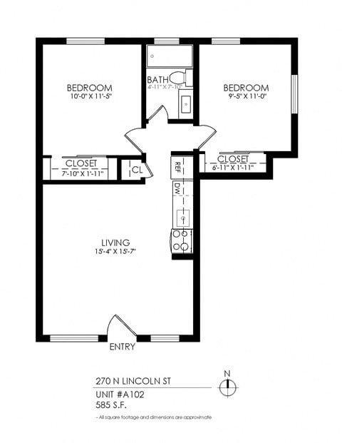 Floor plan for 2 beds, 1 bath, 585 sqft